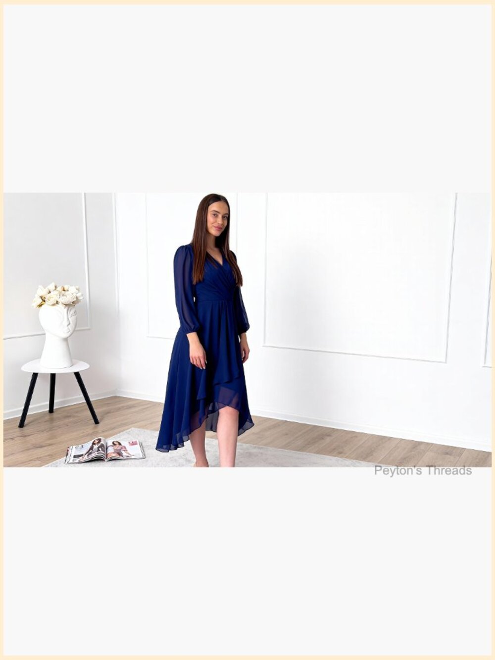 Chiffon V Neck Long Sleeve A-Line Midi Wedding Guest Dress Cocktail Party Formal - Picture 7 of 7